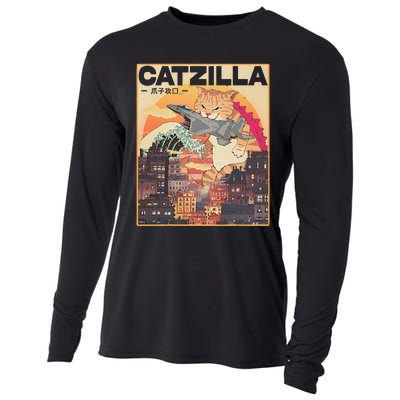 Catzilla Vintage Funny Cute Cat Art Japanese Sunset Cooling Performance Long Sleeve Crew