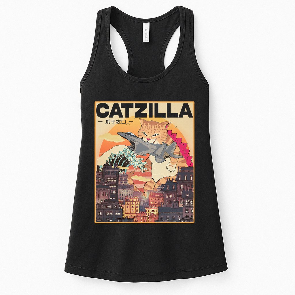 Catzilla Vintage Funny Cute Cat Art Japanese Sunset Womens Tank Top