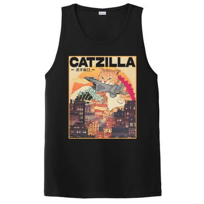 Catzilla Vintage Funny Cute Cat Art Japanese Sunset PosiCharge Competitor Tank