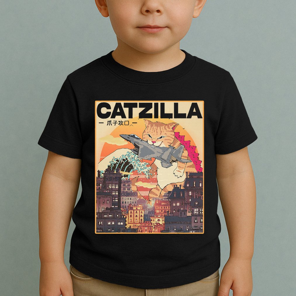 Catzilla Vintage Funny Cute Cat Art Japanese Sunset Toddler T-Shirt