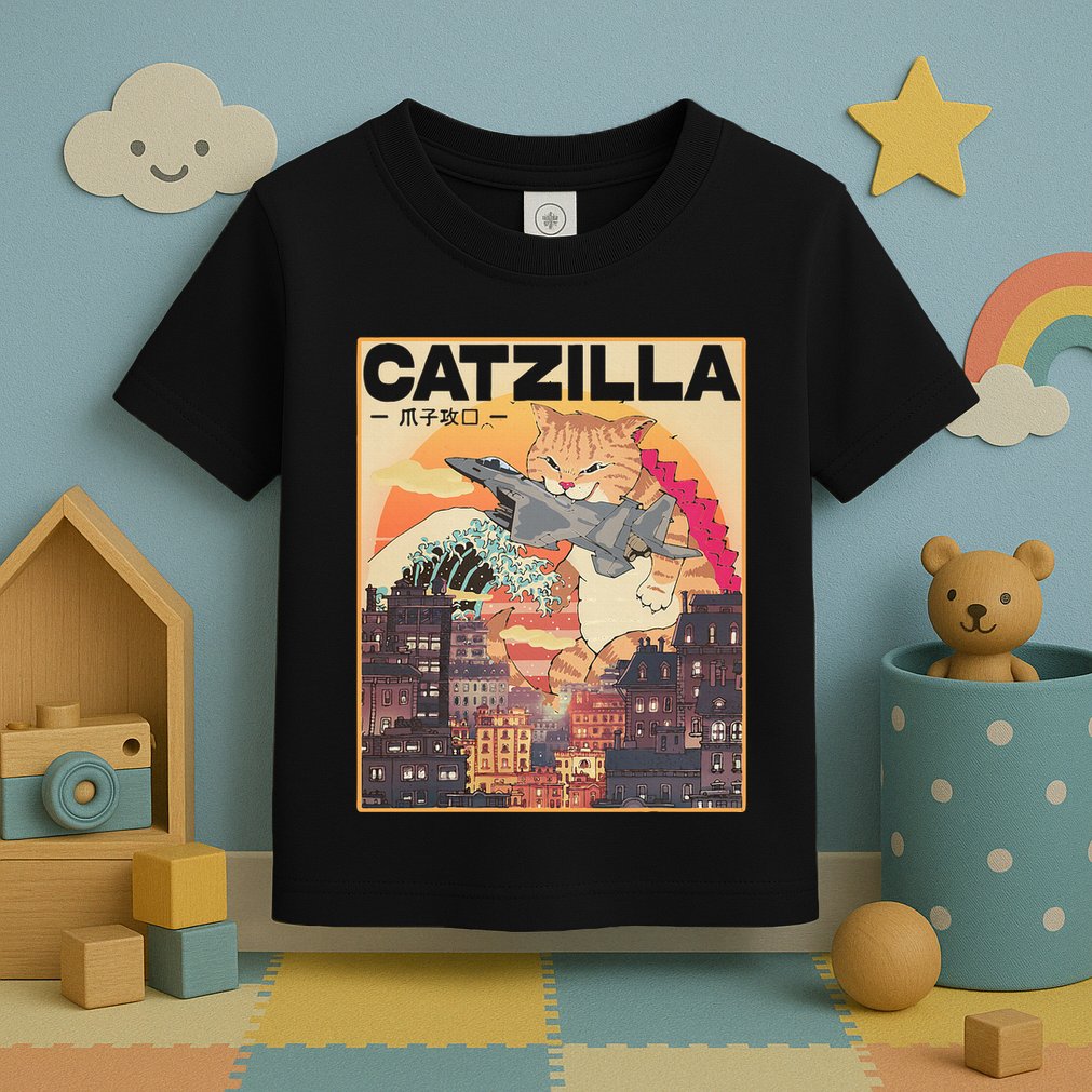 Catzilla Vintage Funny Cute Cat Art Japanese Sunset Toddler T-Shirt