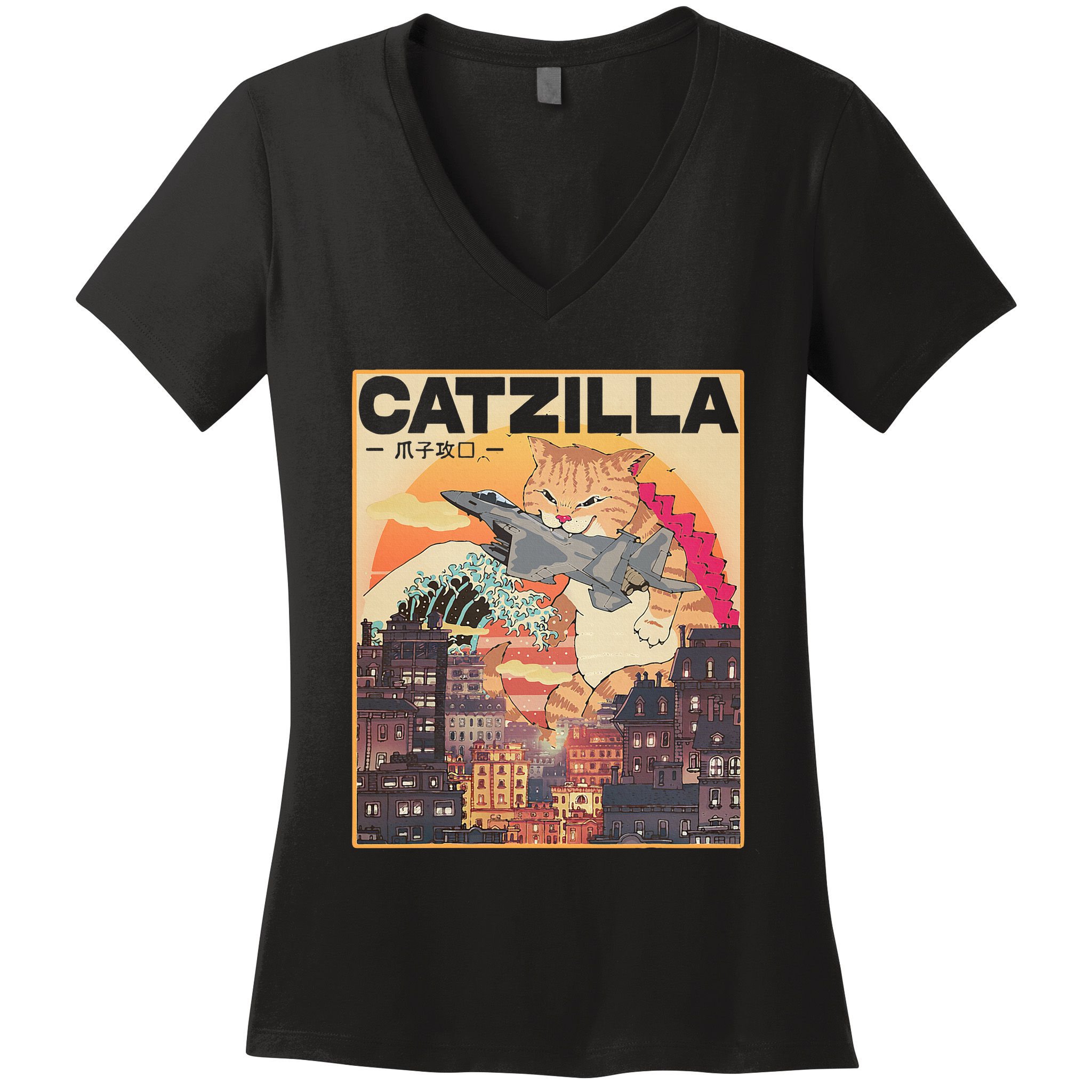 Catzilla Vintage Funny Cute Cat Art Japanese Sunset Women's V-Neck T-Shirt