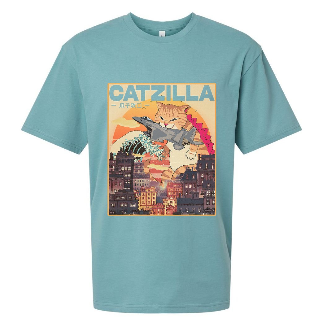 Catzilla Vintage Funny Cute Cat Art Japanese Sunset Sueded Cloud Jersey T-Shirt