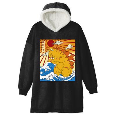 Catzilla Vintage Funny Cute Cat Art Japanese Sunset Hooded Wearable Blanket