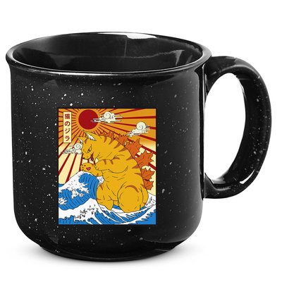 Catzilla Vintage Funny Cute Cat Art Japanese Sunset 15oz Campfire Ceramic Mug