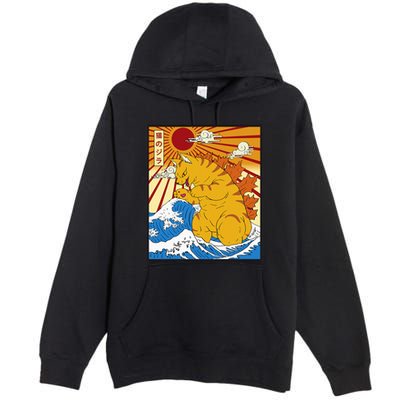 Catzilla Vintage Funny Cute Cat Art Japanese Sunset Premium Pullover Hoodie