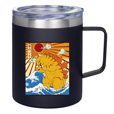 Catzilla Vintage Funny Cute Cat Art Japanese Sunset 12oz Stainless Steel Coffee Mug