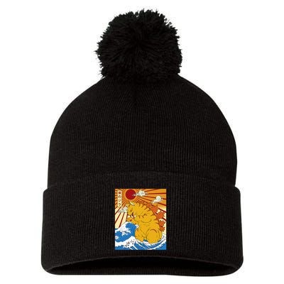 Catzilla Vintage Funny Cute Cat Art Japanese Sunset Pom Pom 12in Knit Beanie