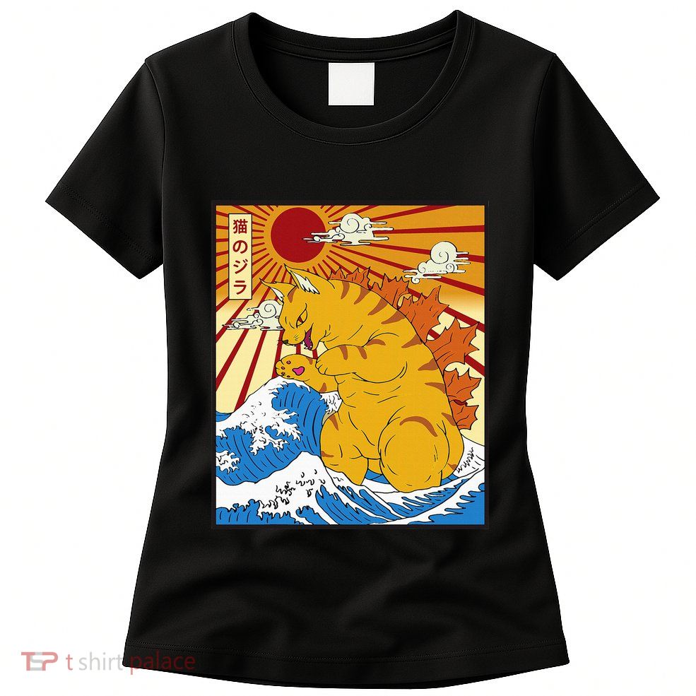 Catzilla Vintage Funny Cute Cat Art Japanese Sunset Womens T-Shirt