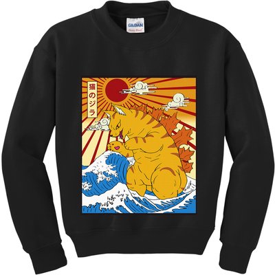 Catzilla Vintage Funny Cute Cat Art Japanese Sunset Kids Sweatshirt