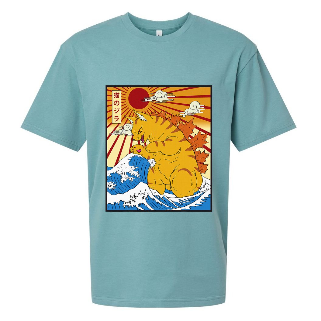 Catzilla Vintage Funny Cute Cat Art Japanese Sunset Sueded Cloud Jersey T-Shirt