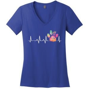 Cute Veterinarian Gift Rainbow Paw Print Heartbeat Vet Tech Gift Women's V-Neck T-Shirt