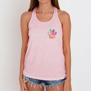 Cute Veterinarian Gift Rainbow Paw Print Heartbeat Vet Tech Gift Women's Knotted Racerback Tank