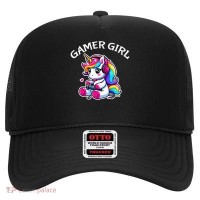 Cute Video Game Gaming Unicorn Gamer Girl High Crown Mesh Back Trucker Hat