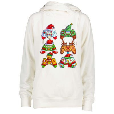 Christmas Video Game Controller Santa Hat Christmas Gamer Womens Funnel Neck Pullover Hood