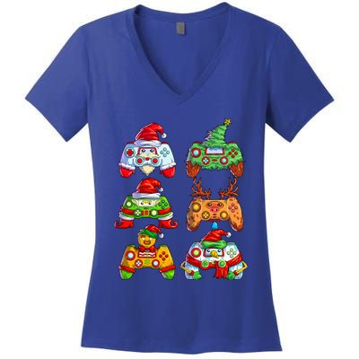 Christmas Video Game Controller Santa Hat Christmas Gamer Women's V-Neck T-Shirt