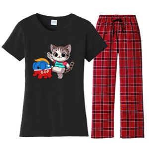 Cat Vs. Gop Elephant Kamala Harris Anti Trump Anti Maga Women's Flannel Pajama Set