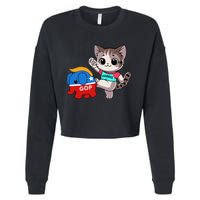 Cat Vs. Gop Elephant Kamala Harris Anti Trump Anti Maga Cropped Pullover Crew