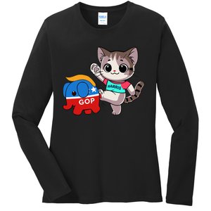 Cat Vs. Gop Elephant Kamala Harris Anti Trump Anti Maga Ladies Long Sleeve Shirt