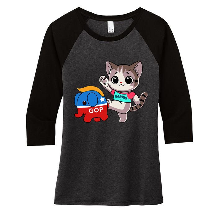 Cat Vs. Gop Elephant Kamala Harris Anti Trump Anti Maga Women's Tri-Blend 3/4-Sleeve Raglan Shirt