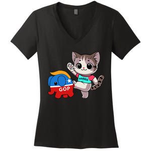 Cat Vs. Gop Elephant Kamala Harris Anti Trump Anti Maga Women's V-Neck T-Shirt