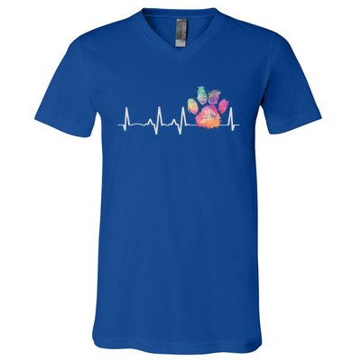 Cute Veterinarian Gift Rainbow Paw Print Heartbeat Vet Tech Gift V-Neck T-Shirt