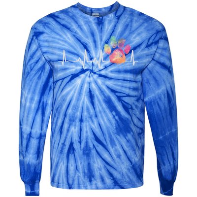 Cute Veterinarian Gift Rainbow Paw Print Heartbeat Vet Tech Gift Tie-Dye Long Sleeve Shirt