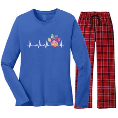 Cute Veterinarian Gift Rainbow Paw Print Heartbeat Vet Tech Gift Women's Long Sleeve Flannel Pajama Set 