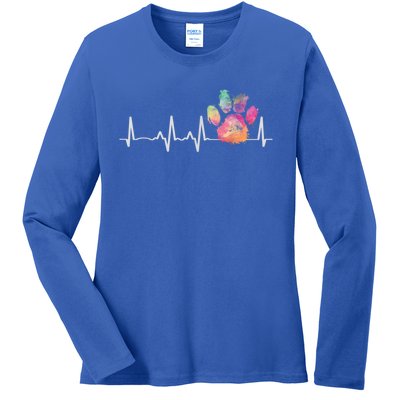 Cute Veterinarian Gift Rainbow Paw Print Heartbeat Vet Tech Gift Ladies Long Sleeve Shirt