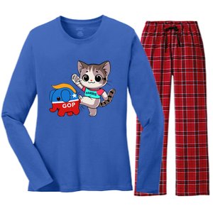 Cat Vs. Gop Elephant Kamala Harris Anti Trump Anti Maga Women's Long Sleeve Flannel Pajama Set 