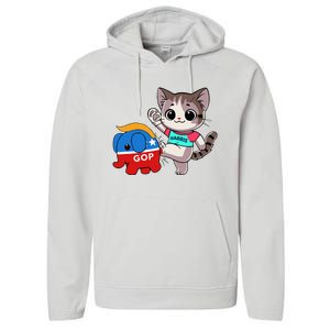 Cat Vs. Gop Elephant Kamala Harris Anti Trump Anti Maga Performance Fleece Hoodie