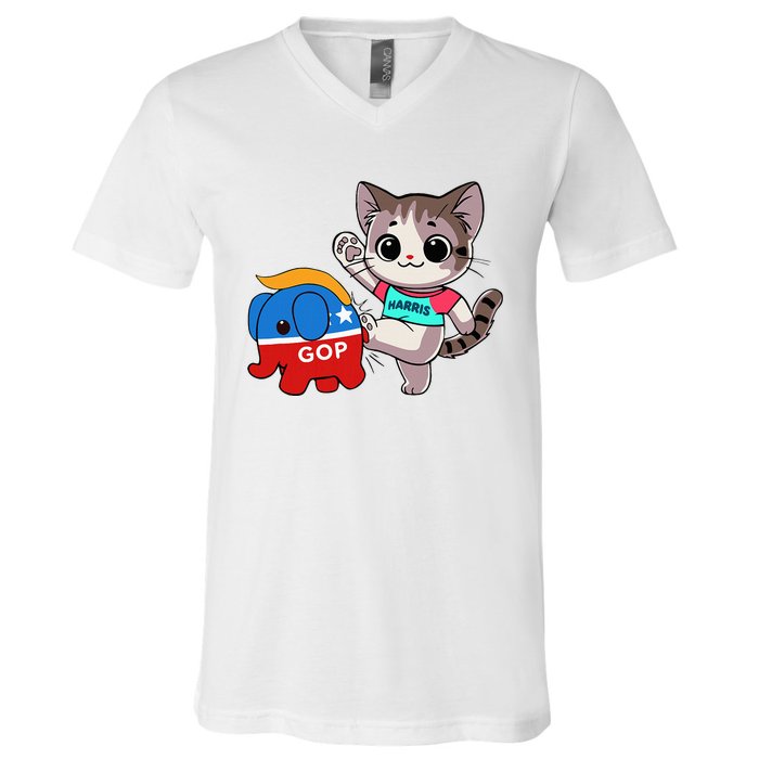 Cat Vs. Gop Elephant Kamala Harris Anti Trump Anti Maga V-Neck T-Shirt