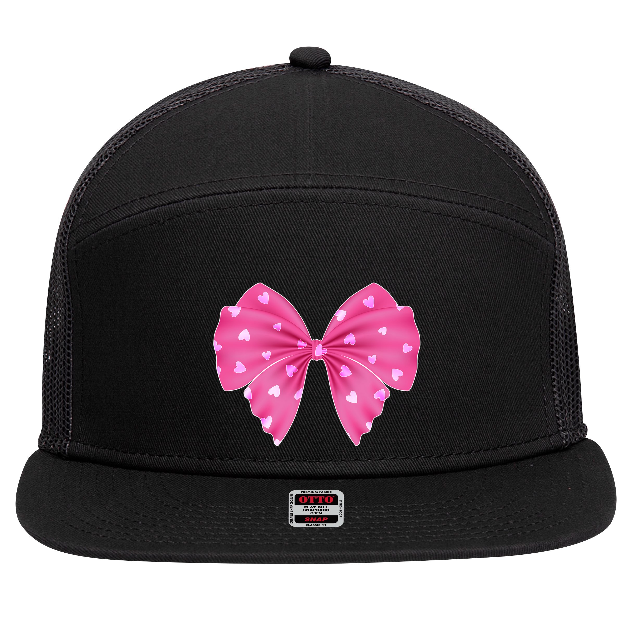 Cute Valentine Heart Print Ribbon Bow 7 Panel Mesh Trucker Snapback Hat