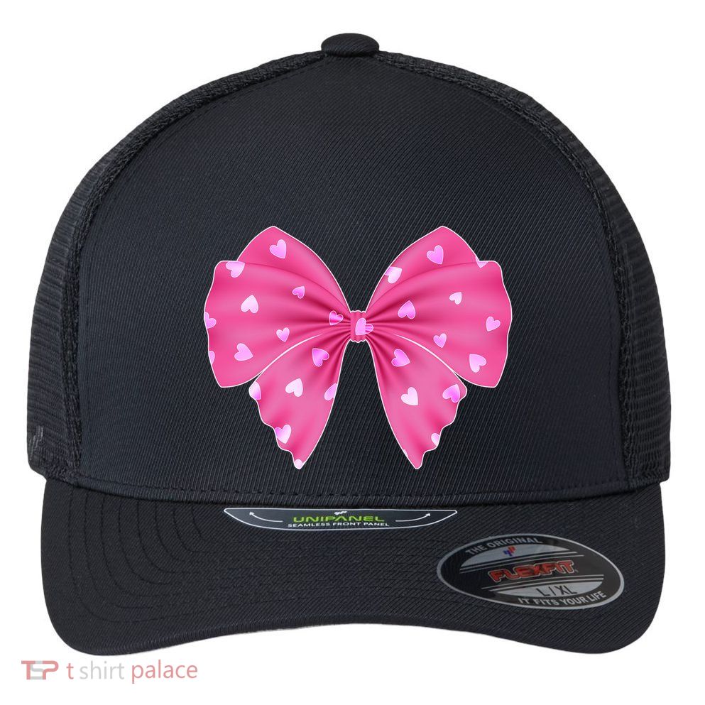Cute Valentine Heart Print Ribbon Bow Flexfit Unipanel Trucker Cap