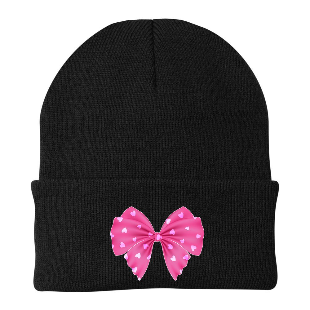 Cute Valentine Heart Print Ribbon Bow Beanie