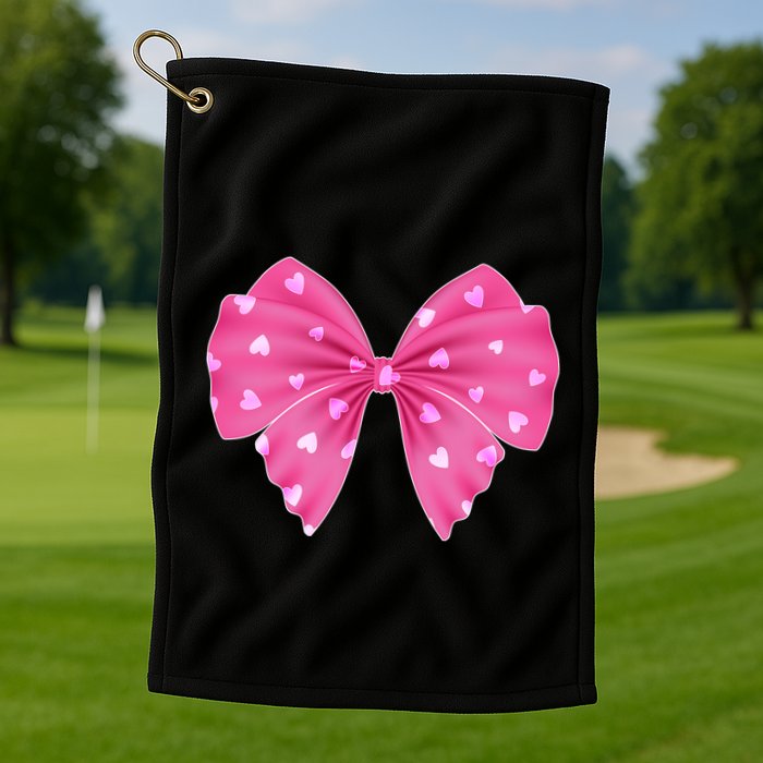 Cute Valentine Heart Print Ribbon Bow Golf Towel
