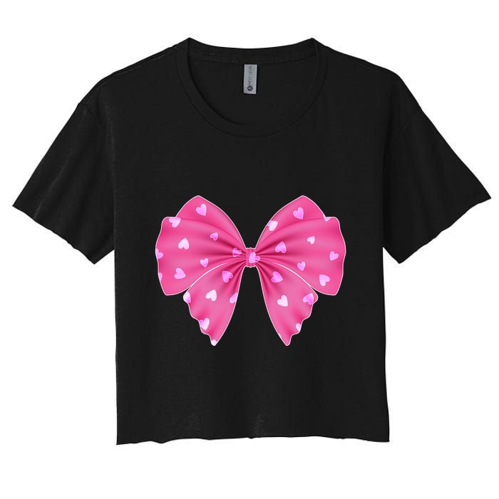 Cute Valentine Heart Print Ribbon Bow Women's Crop Top Tee