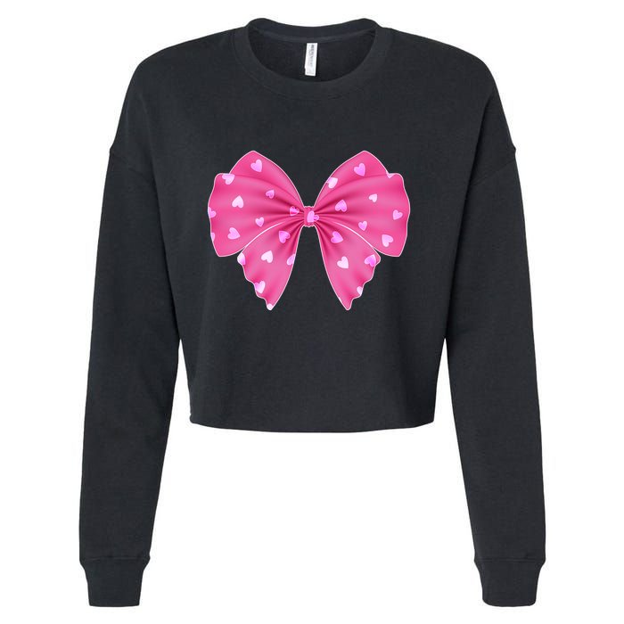 Cute Valentine Heart Print Ribbon Bow Cropped Pullover Crew