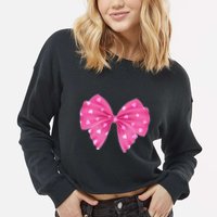 Cute Valentine Heart Print Ribbon Bow Cropped Pullover Crew