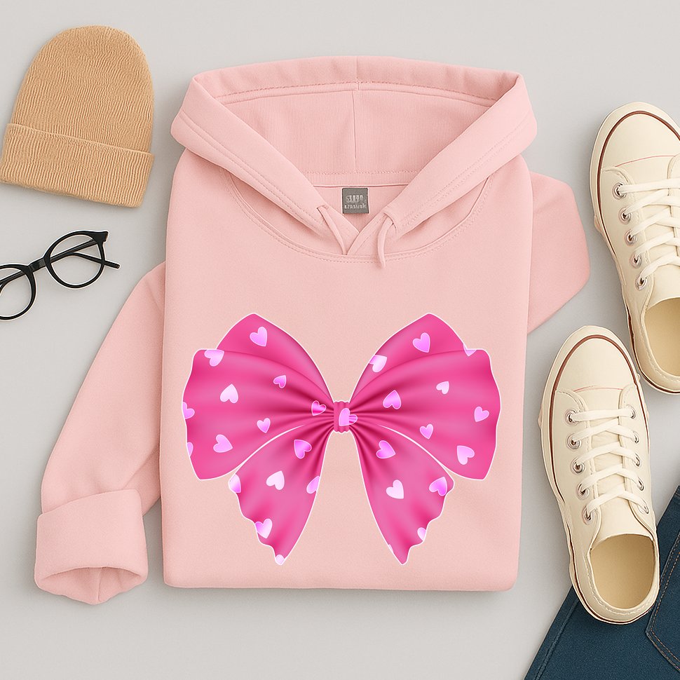 Cute Valentine Heart Print Ribbon Bow Hoodie