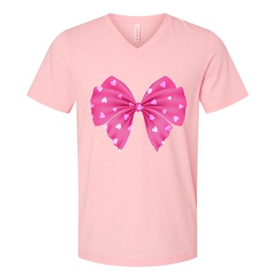 Cute Valentine Heart Print Ribbon Bow V-Neck T-Shirt