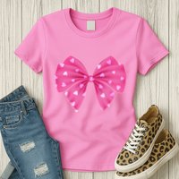Cute Valentine Heart Print Ribbon Bow Womens T-Shirt