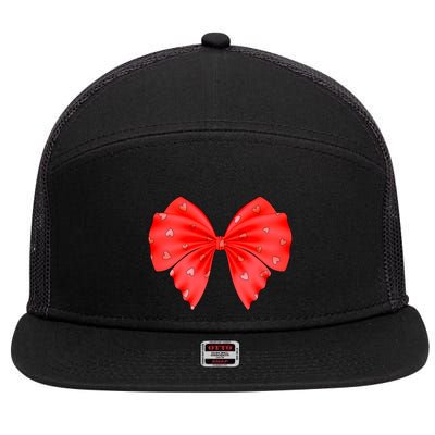 Cute Valentine Heart Print Red Ribbon Bow 7 Panel Mesh Trucker Snapback Hat