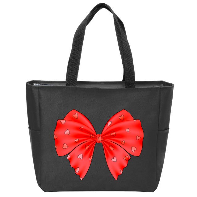 Cute Valentine Heart Print Red Ribbon Bow Zip Tote Bag