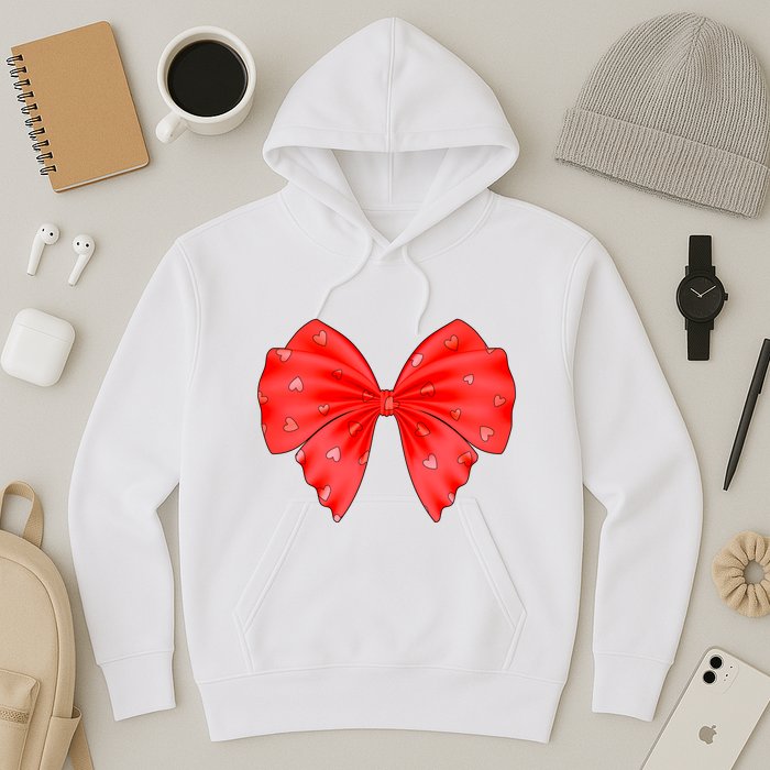 Cute Valentine Heart Print Red Ribbon Bow Hoodie