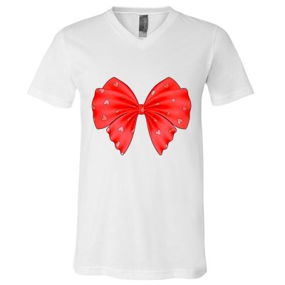 Cute Valentine Heart Print Red Ribbon Bow V-Neck T-Shirt