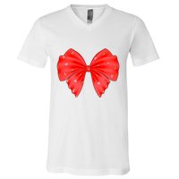 Cute Valentine Heart Print Red Ribbon Bow V-Neck T-Shirt