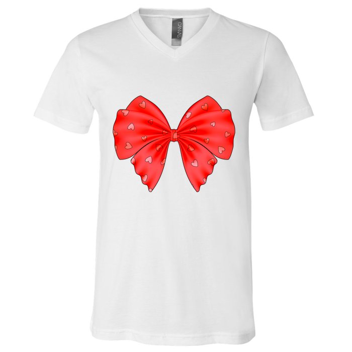 Cute Valentine Heart Print Red Ribbon Bow V-Neck T-Shirt