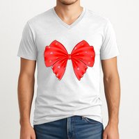 Cute Valentine Heart Print Red Ribbon Bow V-Neck T-Shirt