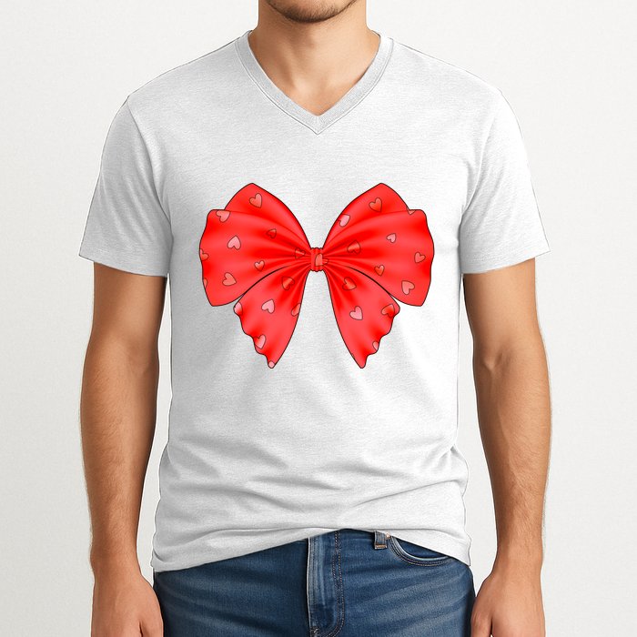Cute Valentine Heart Print Red Ribbon Bow V-Neck T-Shirt